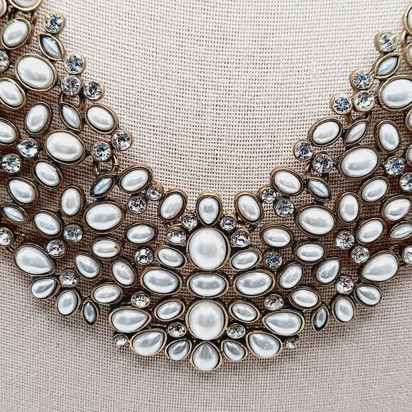 Bubblebar Gold Tone Faux Pearl Statement Necklace 20 Inch Rhinestone Collar - Picture 3 of 11